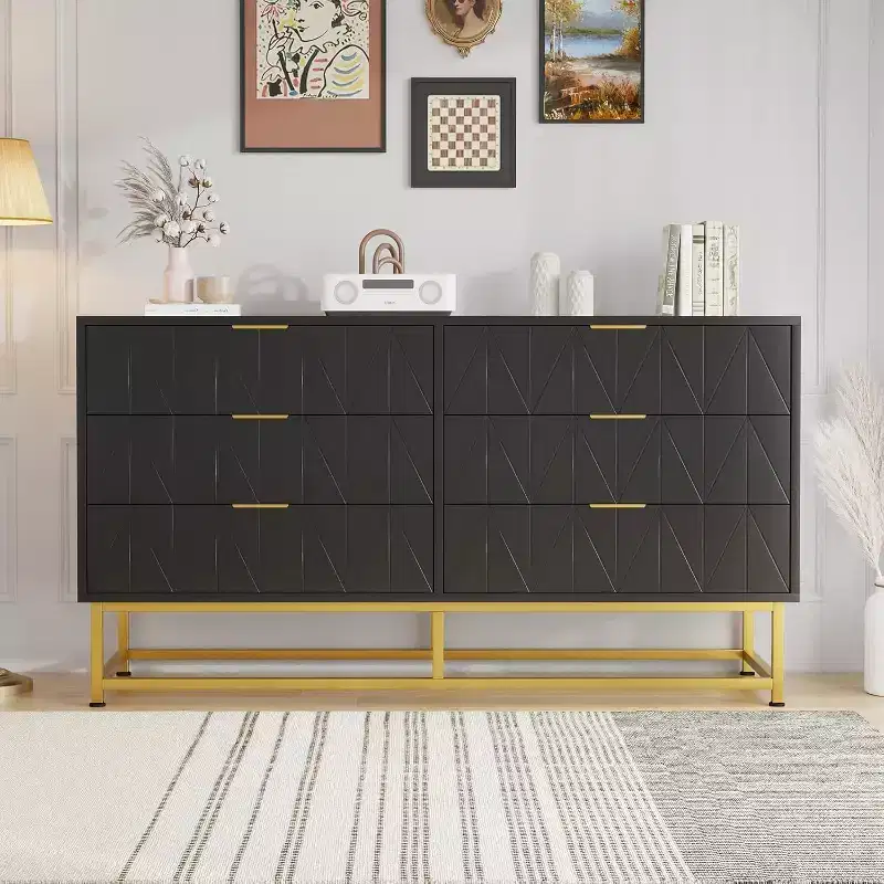 6 Drawer Dresser with Wide Storage, Wood Dresser Chest Organizer with Metal Legs, Dressers & Chests of Drawers for Bedroom, Living Room, Hallway