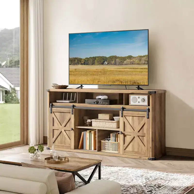 VASAGLE TV Stand for TVs up to 65, Farmhouse TV Console, 2 Sliding Barn Doors, for Living Room