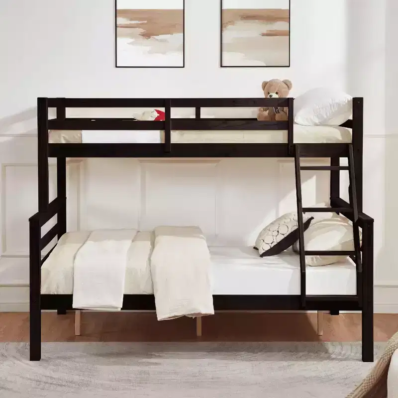 Twin over Full Bunk Bed with Ladder, Wooden Bed Frame with High Guardrail for Kids, No Box Spring Needed