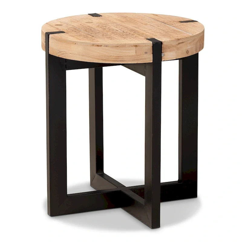 Natural Brown Finished Wood and Black Finished Metal End Table