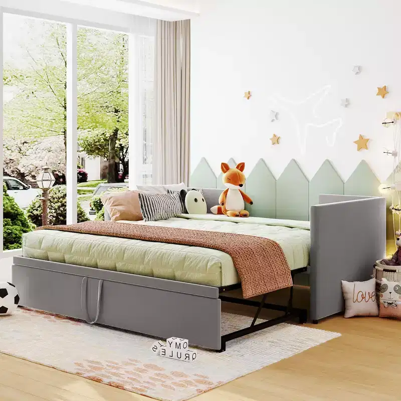 Gray / Beige / Pink Velvet Twin Daybed with Trundle, Sleeps 1–2