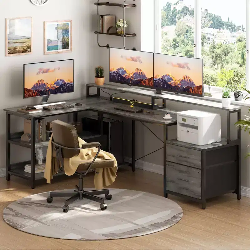 Besiost 66-73 Reversible L-Shaped Desk with Charging Station, Home Office Computer Desk with LED Lights & Drawers