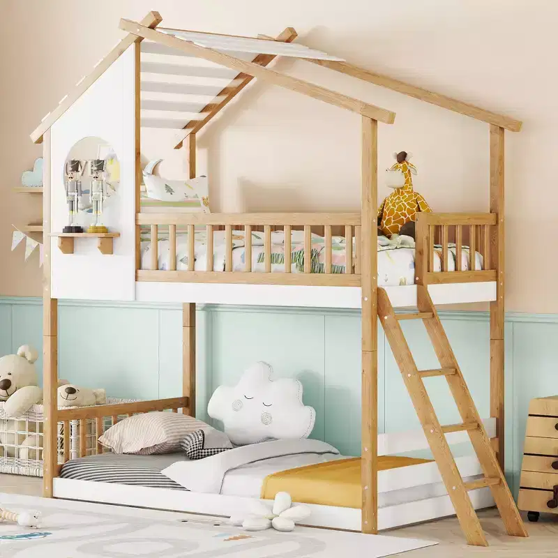 Twin Over Twin House Bunk Bed with Roof & Window, Kids Wood Bunk Bed with Ladder & Guardrails, Solid Pine Frame, Natural