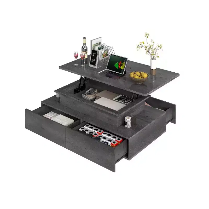Lift Top LED Coffee Table with 4 Drawers and Storage Shelf
