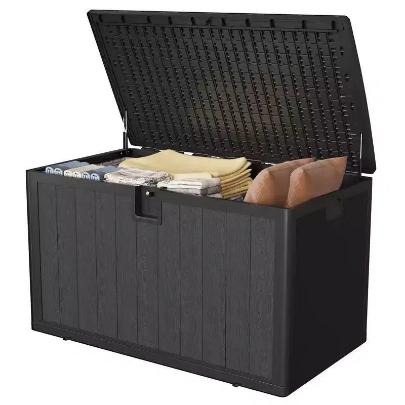 130 Gallon Deck Box, Waterproof Resin Outdoor Storage with Lockable Lid, for Patio Cushions, Garden Tools & Pool Accessories, Black