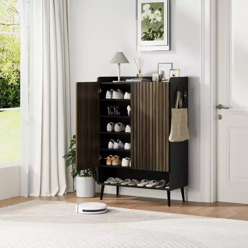 TruAIR Black 6-Tier Shoe Cabinet with 2 Doors - Large Entryway & Living Room Shoe Organizer with Hooks