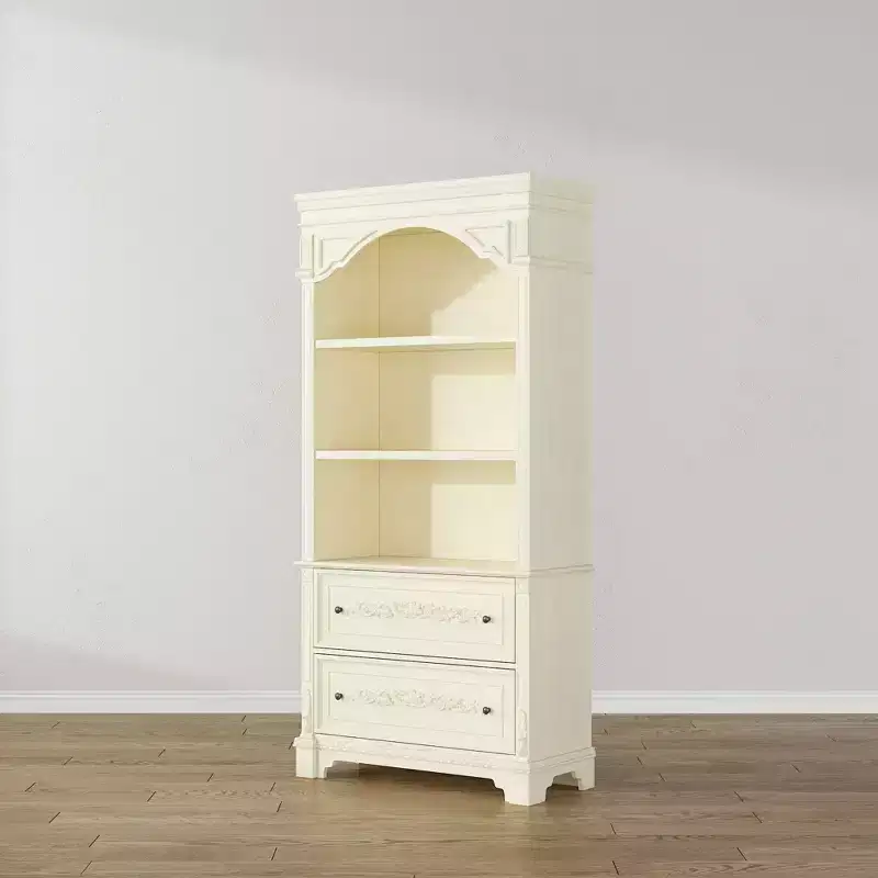 Famapy Cream White Vintage Kitchen Pantry Sideboard,Display Cabinet,2-Drawer Storage + Open Shelves,Floral Carvings,Living/Dining Room Organizer