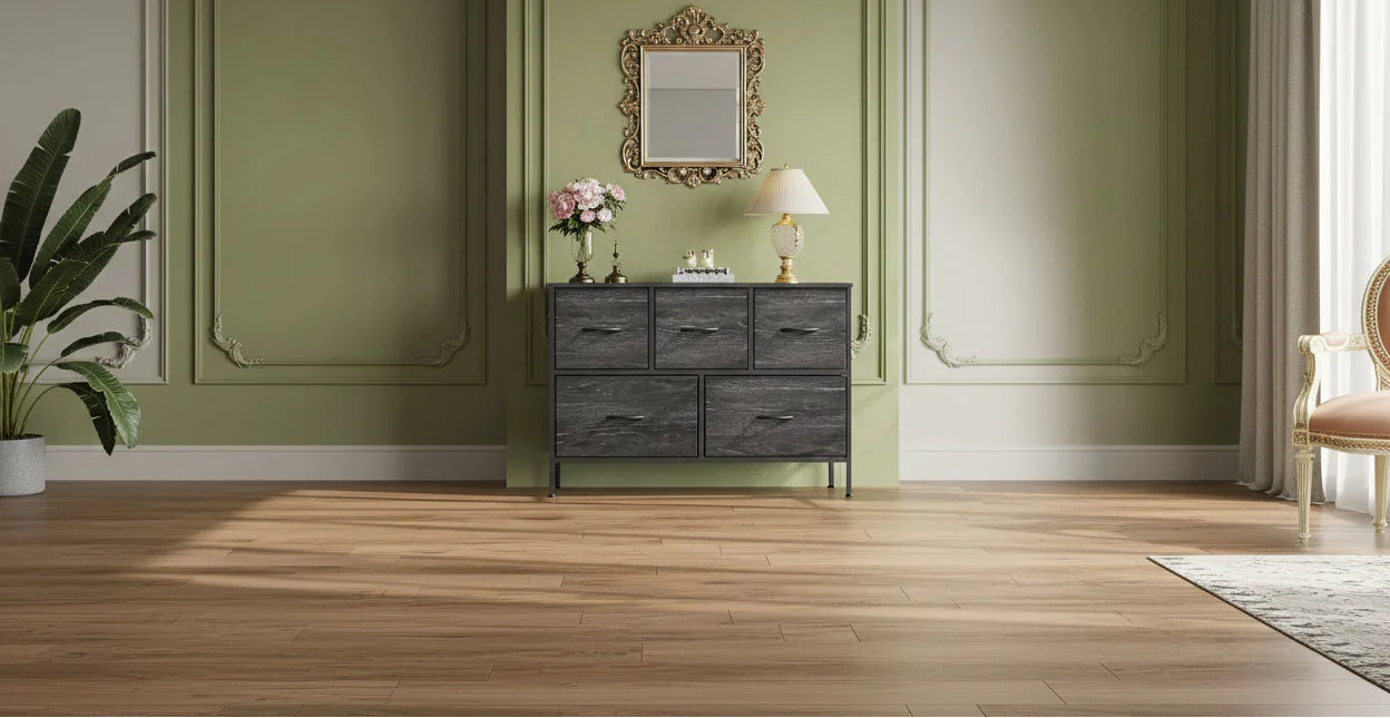 5 Drawer Dresser, Long Fabric Storage Unit for Bedroom, Closet & Hallway, Charcoal Black Wood Grain Print