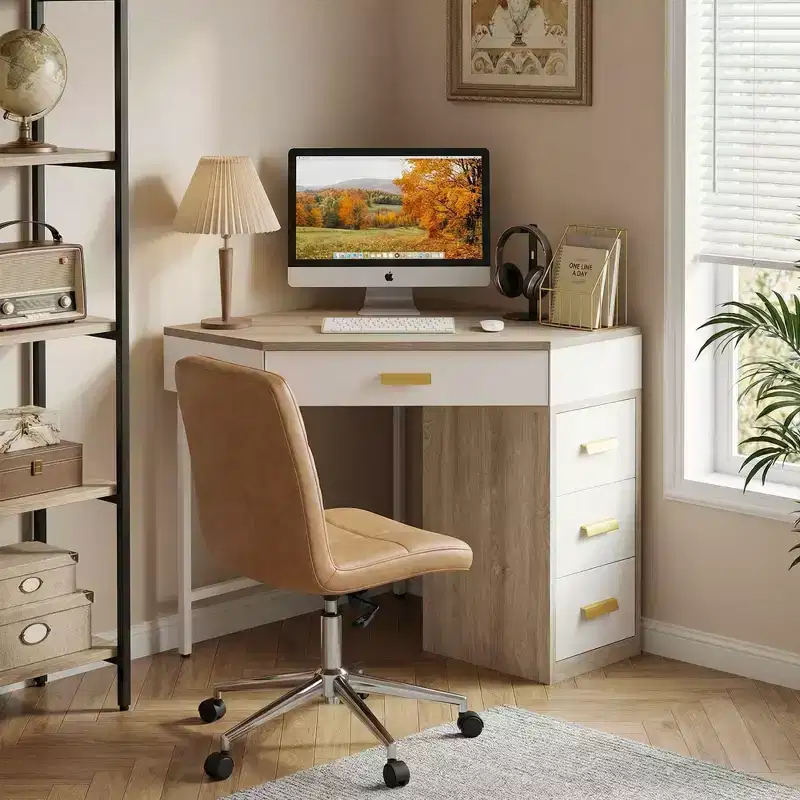 MAYEERTY 90 Triangle Corner Desk with 4 Drawers, Vanity Makeup Computer Desk