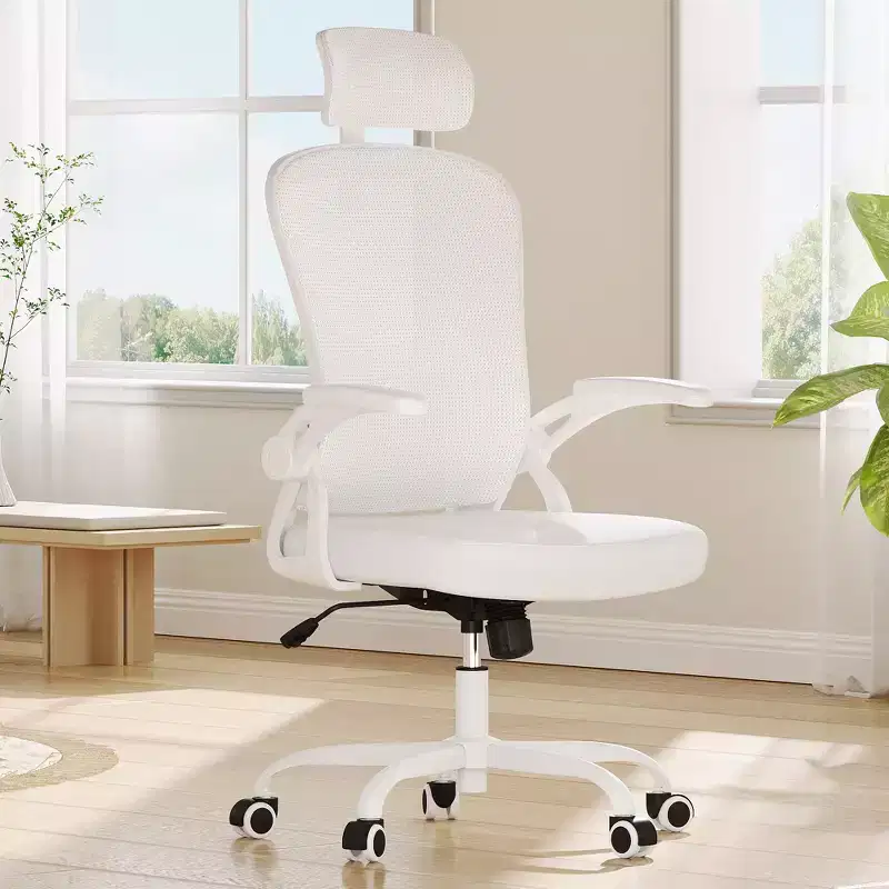 White Office Chair, Low Back, Flip-Up Arms, 1-Seat