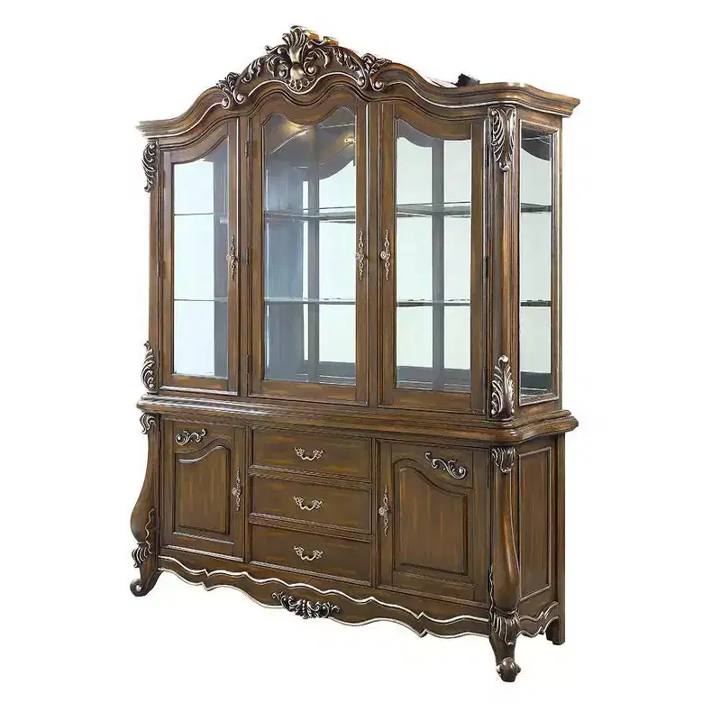 76" Decorative Storage Cabinet Antique Oak -: No Assembly, Tempered Glass, 5 Drawers