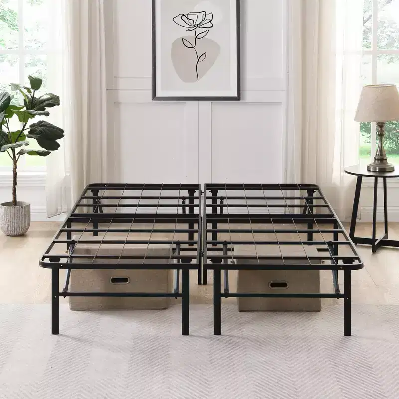 Bellemave Folding Metal Platform Bed Frame, 14 Heavy Duty Steel Slats, No Box Spring Needed, Easy Assembly, Underbed Storage, Black, Queen/King Size