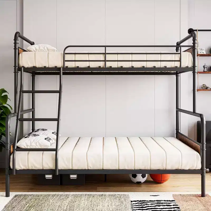 Double bunk bed frame, heavy-duty frame, with angled ladder and safety railings, space-saving design, single upper bunk and double lower bunk.