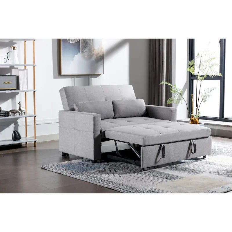 Light Grey Linen Fabric 3-In-1 Convertible Sleeper Loveseat With Side Pocket