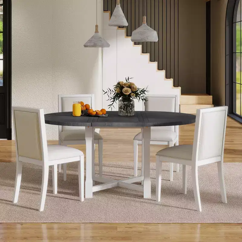 GDFStudio Judith 5 Piece Dining Set with Extendable Round Table and Upholstered Chairs