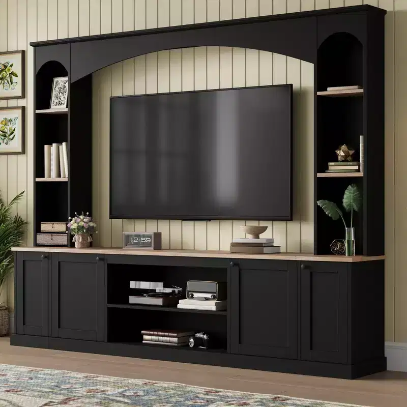 91 Media Console, Arched Entertainment Center Wall Unit, Farmhouse TV Stand with Bookshelf, Wood Grain for TVs Up to 70