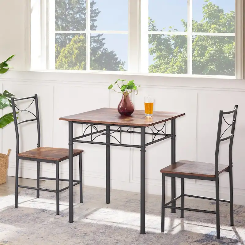 Brown 3-Piece Small Square Dining Table Set for Breakfast Nook Wood Bar Table with Chairs Set of 2 with Steel Frame