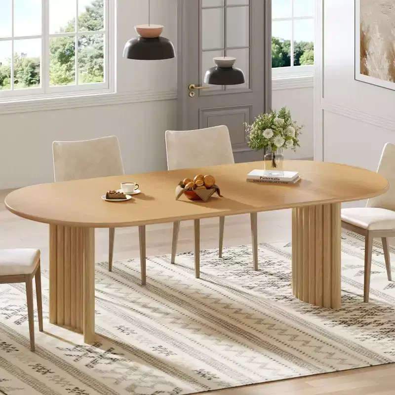 79 Oval Dining Table for 6-8 with Arc-Shaped Edge Top and Stripes Base Modern Farmhouse Kitchen Table for Living Room Dining Room Natural