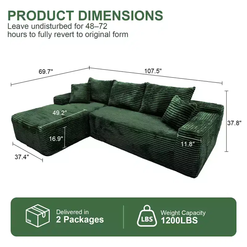 MooxvMoo 107.5 Modular Sectional Sofa, L-Shaped Boneless Couch with Deep Seat, Throw Pillow, Left Chaise for Living Room, Green