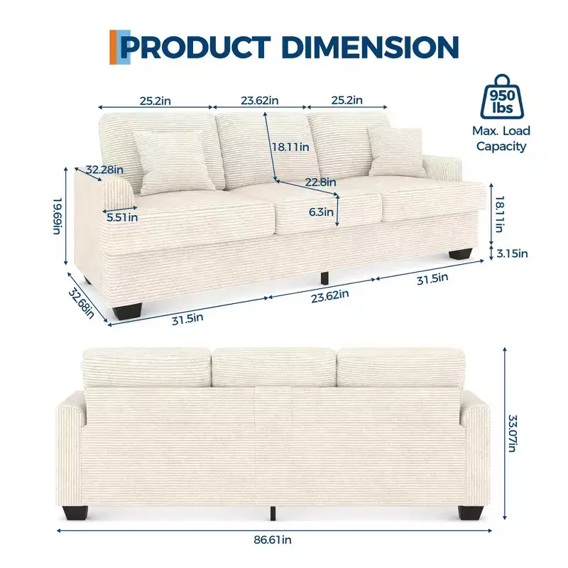 86 Leather/Corduroy Sofa, Modern Deep Seat Couch with 2 Throw Pillows, Upholstered Cushion & Removable Cover for Small Space, Apartment&Living Room