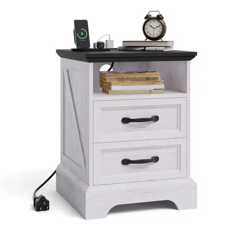 Modern Farmhouse Bedside Tables - 18 Wide with Charging Station (USB/Outlets) & 2 Drawers, Rustic White+Black