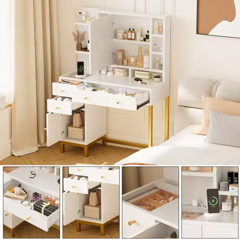 Makeup Table, Vanity Desk Dressing Table with LED Lighted Mirror & Power Outlet, 3 Lighting Modes