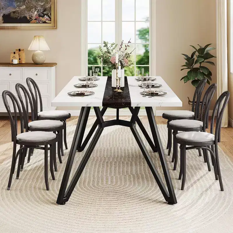 Zevemomo70.9Dining Table for 6-8 People,Farmhouse Dining Room Table,with Spacious Tabletop&Triangular-Shaped Steel Base for Kitchen,Dining Room-White