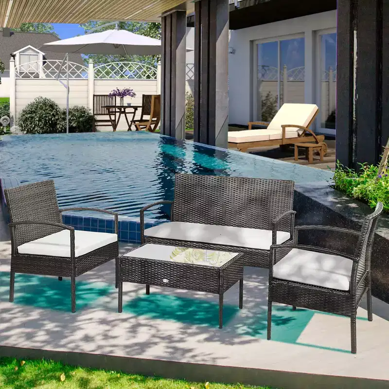 Outsunny Patio Porch Furniture Sets 4-PCS Rattan Wicker Chair w/ Table Conversation Set for Yard,Pool or Backyard Indoor/Outdoor Use