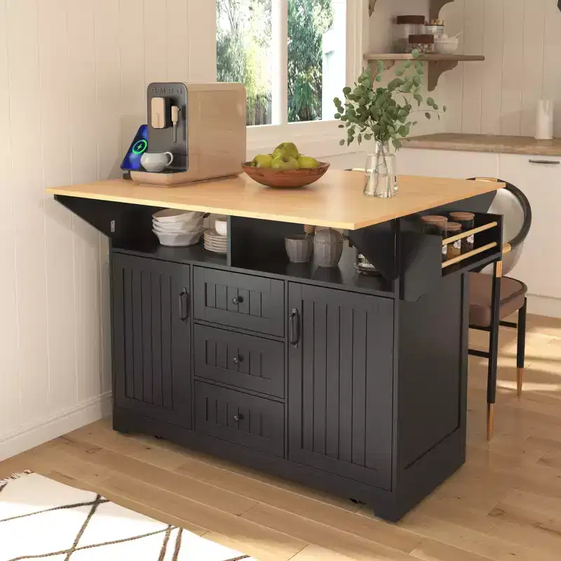 Large Kitchen Island with 2 Drop Leaf, Rolling Kitchen Cart on 5 Wheels Folding Storage Dining Table with Spice & Towel Rack, 3 Drawers
