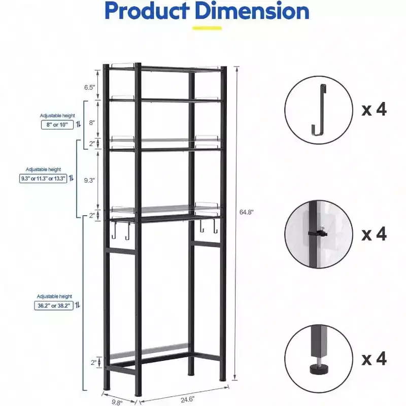 4 Tier Over Toilet Storage Rack Bathroom Organizer Shelves Cabinet Black Adjustable Height Freestanding Space Saver