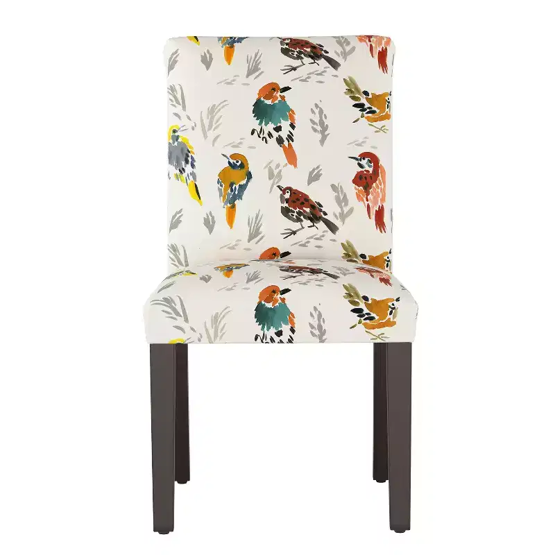 Upholstered Dining Chair with Bird Print, Barrel Back, Linen-Cotton Blend