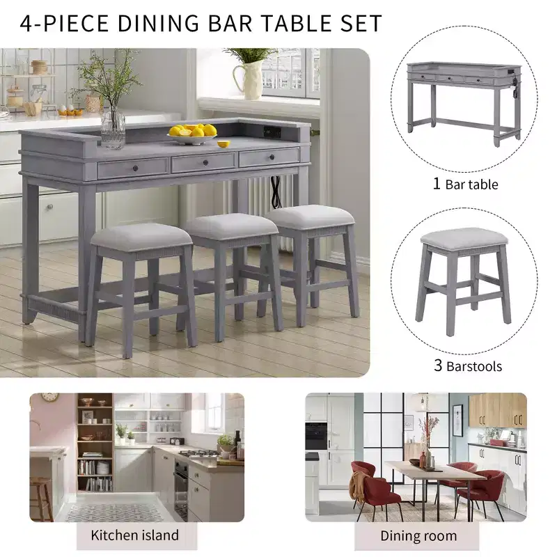Whisen 4-Piece Dining Bar Table Set with 3 Upholstered Stools and 3 Drawers