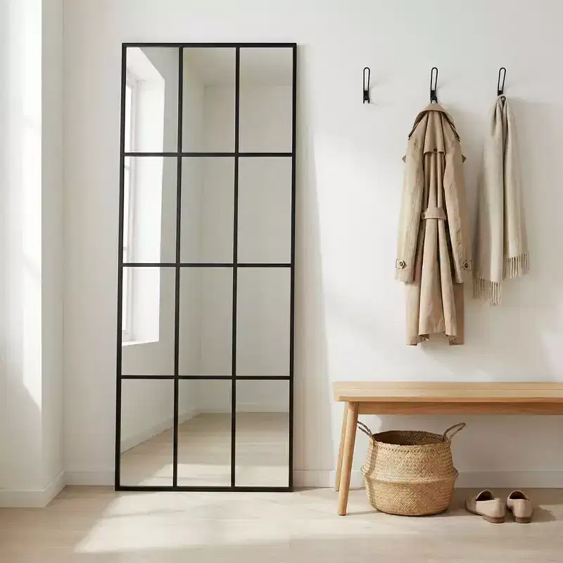Likepay Full-Length Black Metal Windowpane Floor Mirror with Modern Grid Design