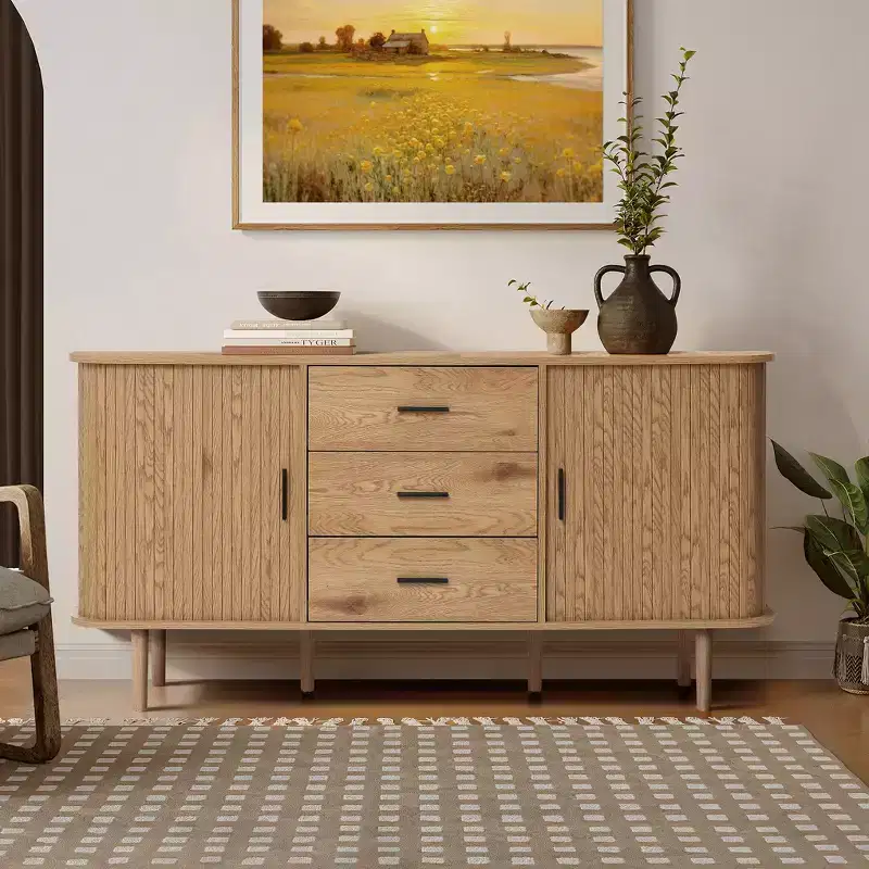 LuxenHome Oak Finish MDF Wood 3-Drawer Sideboard Cabinet with Sliding Doors & Rounded Corners