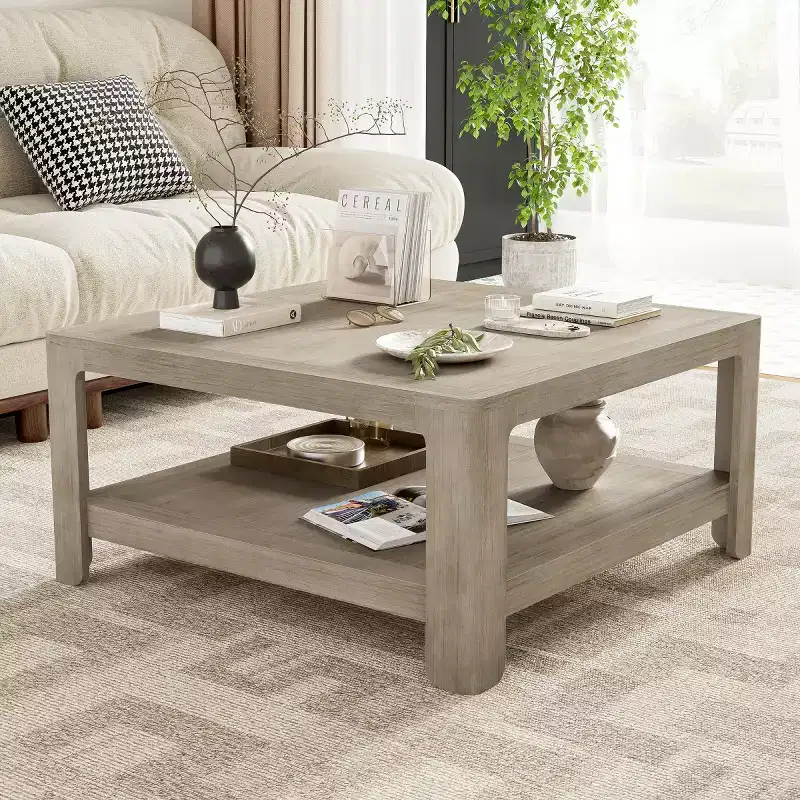 Gray Square Coffee Table, 2-Tier Open Shelf, Seats 2–4