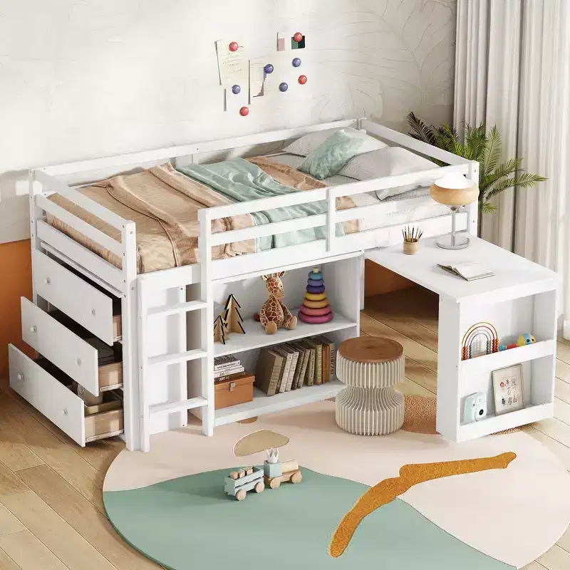 Twin Loft Bed with Drawer Cabinet, Shelf Cabinet and Pull-Out Desk, Rubber Wood Loft Bed with Guardrail Ladder White