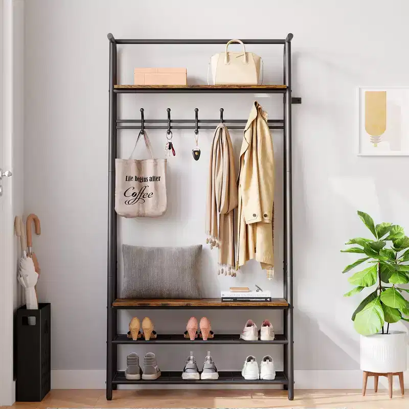Coat Rack Shoe Bench with 5 Hooks, Entryway Hall Trees with Storage, Multifunctional 4-in-1 Hall Trees Shoe Bench