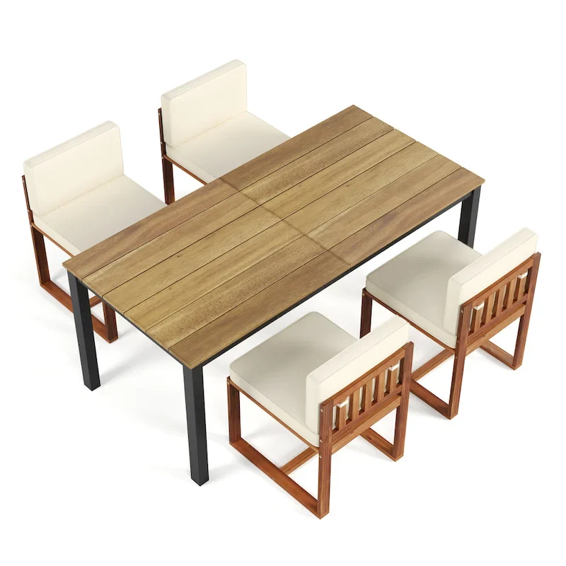 5 Piece Acacia Wood Patio Dining Set with 70 Inch Table and 4 Chairs in Teak Beige Finish with Iron Legs Outdoor Furniture