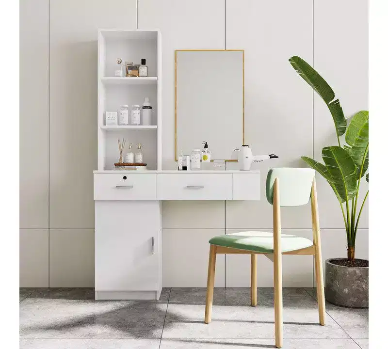 Modern Vanity Desk with Multi-Tier Storage, Built-In Mirror & LED Lights, White