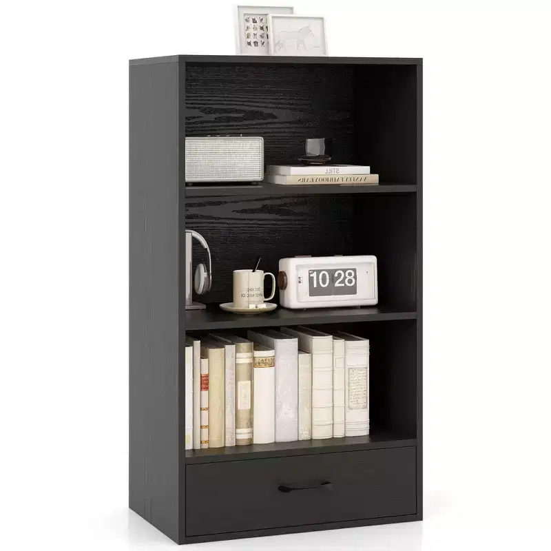 Costway 4-Tier Bookcase 48'' Display Bookshelf Storage Organizer with Shelves & Drawer Grey/White/Natural