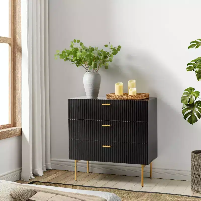 32 Tall 3 Drawer Bachelors Chest With Storage For Bedroom - BLACK