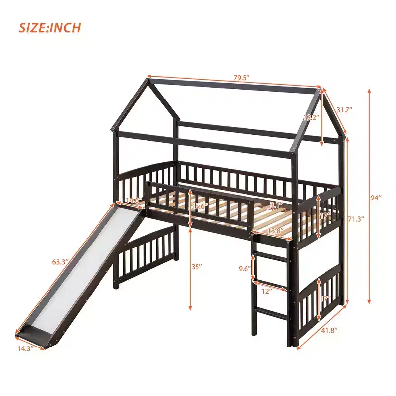 Twin House Loft Bed with Slide, Wood Playhouse Loft Bed Frame with Ladder and Roof