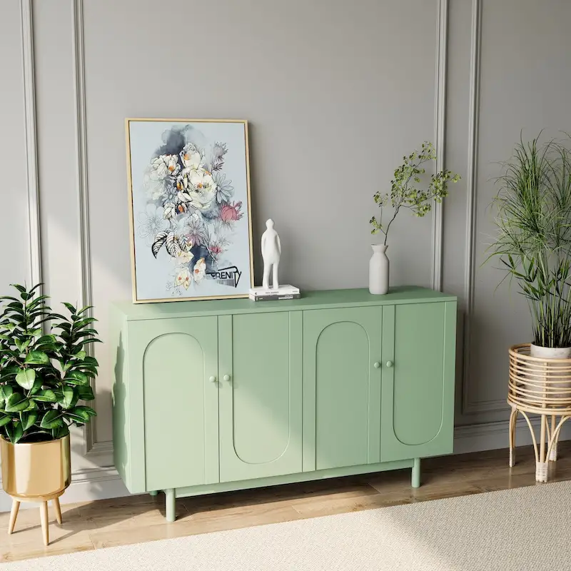 Functional 4-Door Intaglio Storage Cabinet with Pine Legs