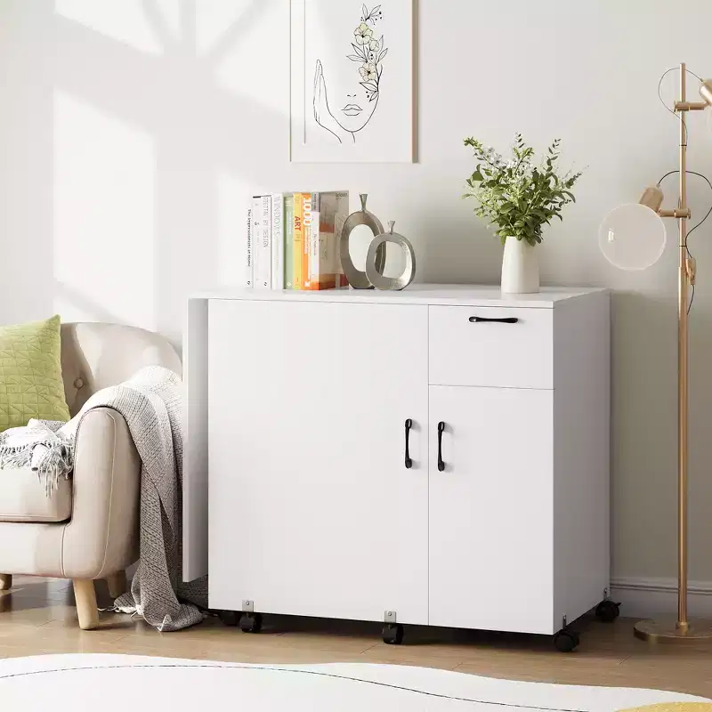 Folding entryway storage cabinet, multi-functional table, height adjustable, with sliding drawers, storage shelves and lockable wheels.