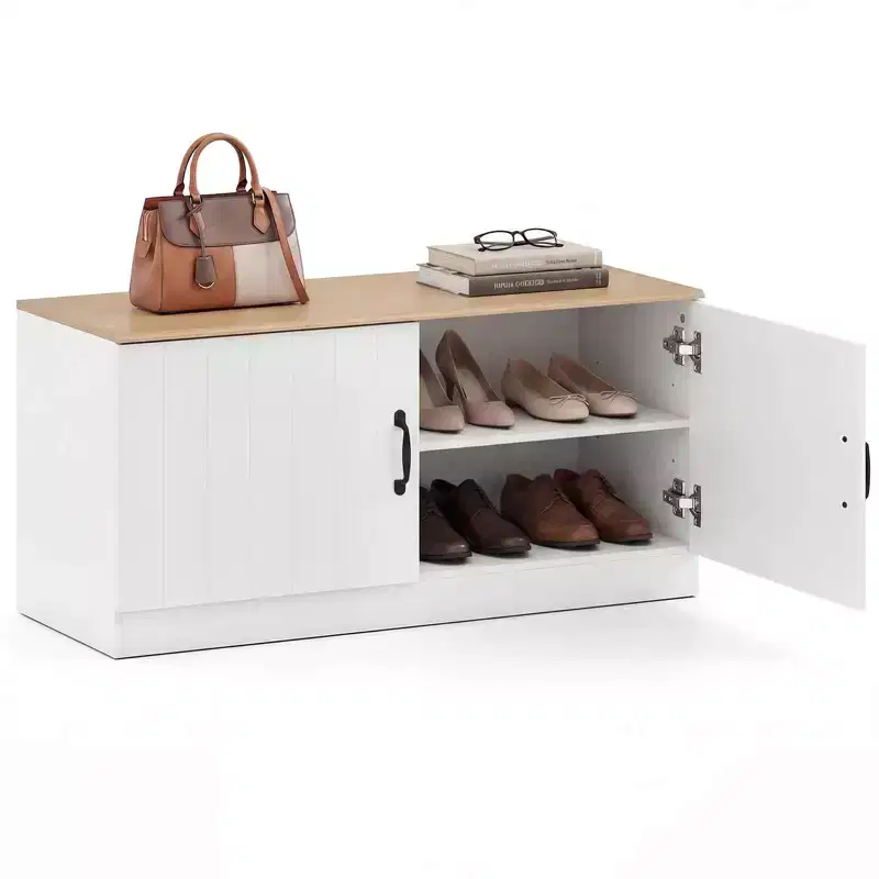 2-Door Shoe Bench wirh Adjustable Shelves Hidden Storage Space Natural + White/Whi5te