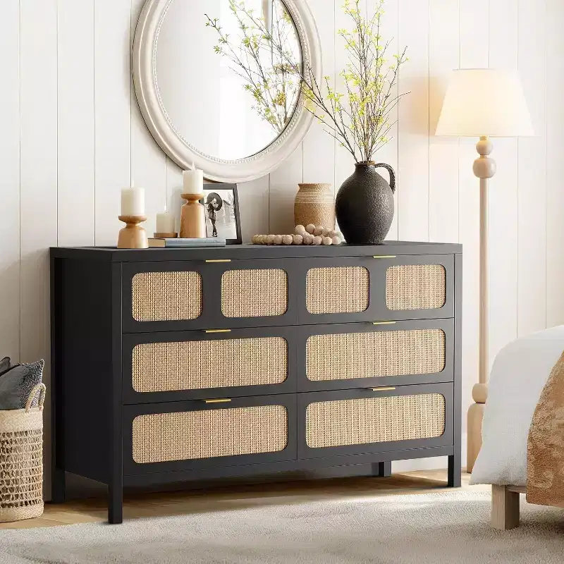 6 Drawer Dresser for Bedroom, Rattan Dresser with Metal Handles, Farmhouse Wood Storage Chest of Drawers for Bedroom, Living Room, Office