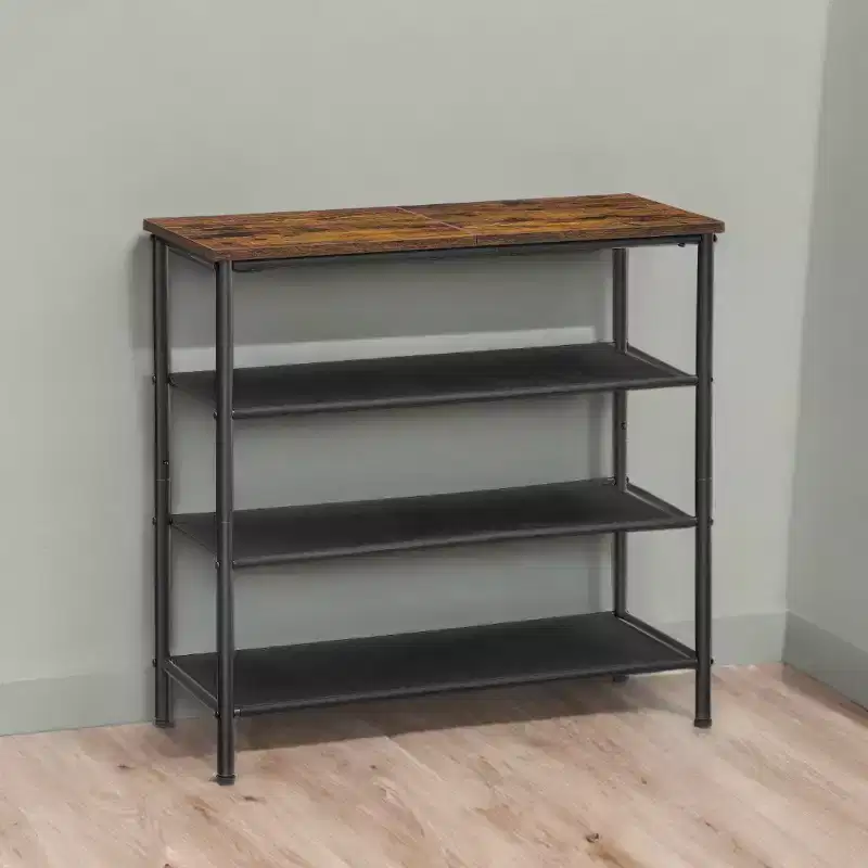 Industrial Style 4-Tier Shoe Storage Rack with Fabric Shelves and Wooden Top - Space-Saving Shoe Organizer for Entryway