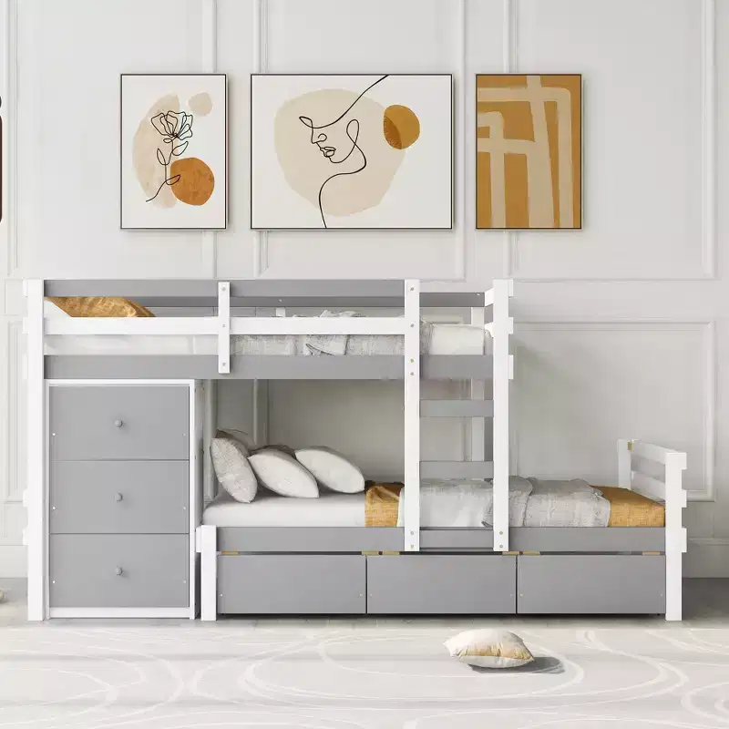 Twin over Twin Wooden Bunk Bed with 6 Drawers and Ladder, Pine and MDF, 300 lb per Bed
