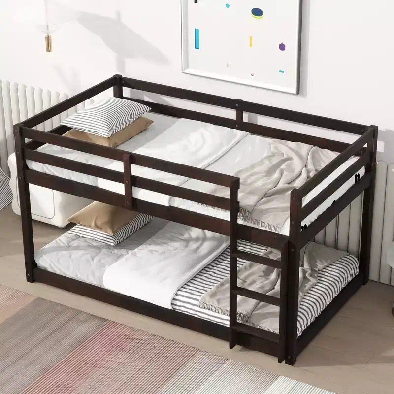 MATEERTY Solid Wooden, Twin Floor Bunk Bed wit Ladder, Upper and Bottom Bed Platforms Crafted with Stregthened Slats Brown