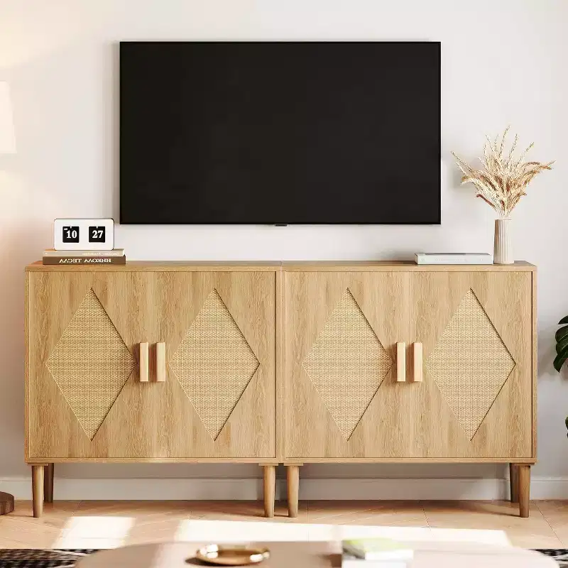 Acekool Two-Piece Dining Sideboard with Handcrafted Rattan Doors, Adjustable Shelves & Large Storage for Living Room, Dining Room & Kitchen
